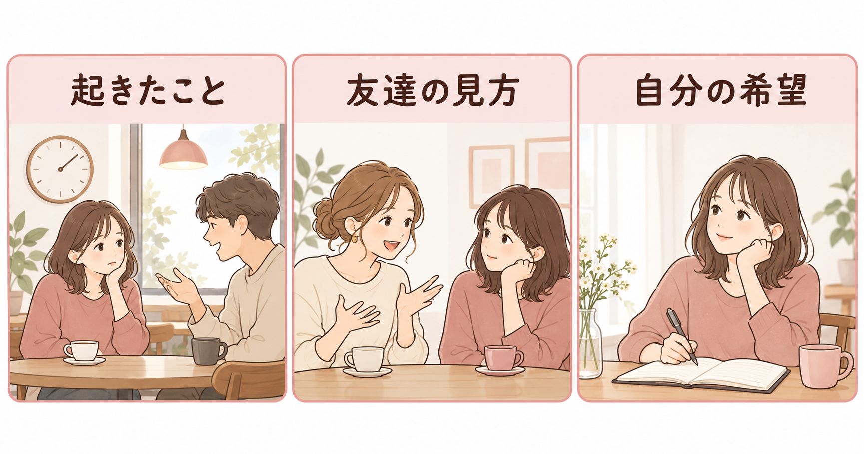起きたこと、友達の見方、自分の希望を、会話の場面とノートに分けて示すイラスト。