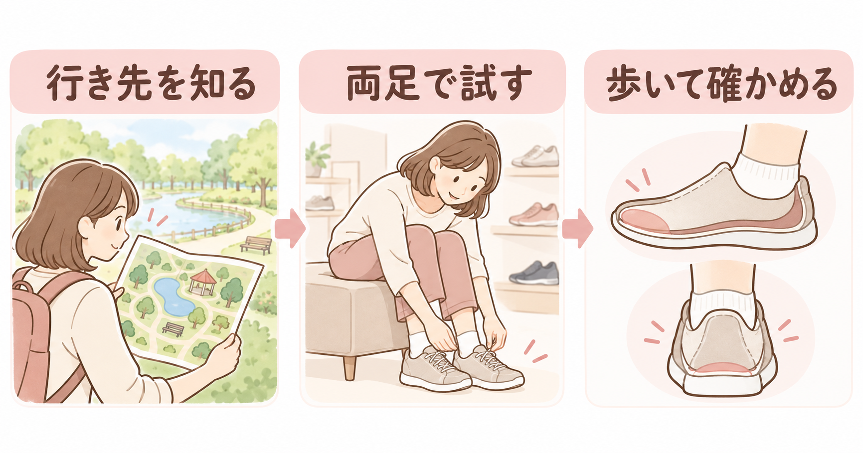 行き先の確認、普段の靴下での試着、歩いたときの足先とかかとの確認を示すイラスト。