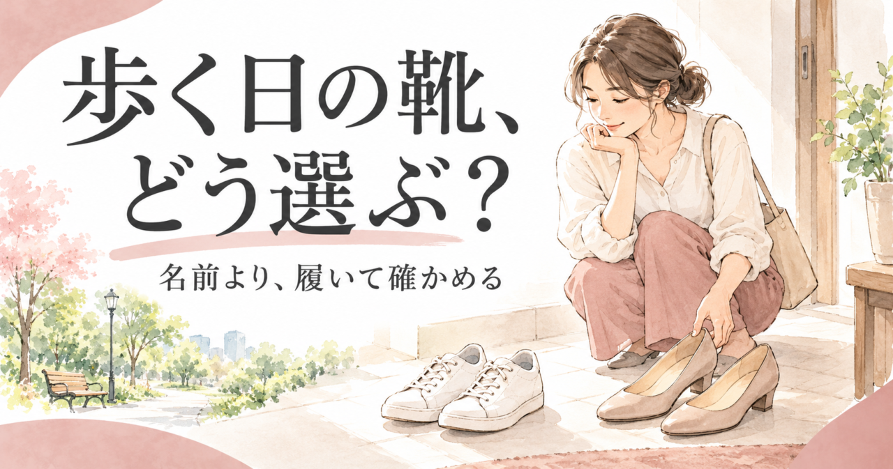 散歩前にスニーカーとパンプスを見比べる女性と「歩く日の靴、どう選ぶ？」の見出し。