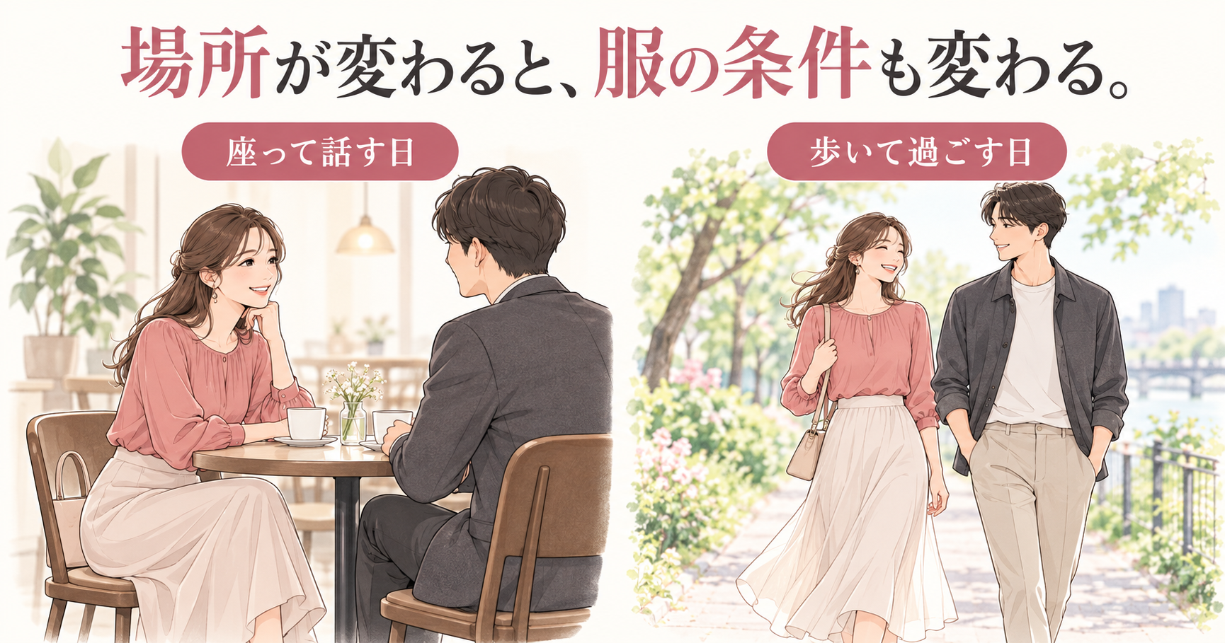同じ服でも、座って話すカフェと歩く公園では確認したい動作が変わることを示す比較イラスト。